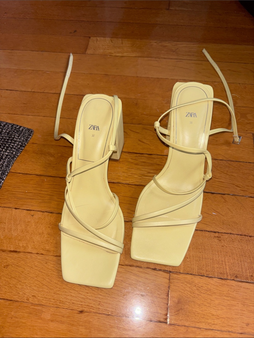Zara Pale Yellow Strappy Square-Toe Block Heels